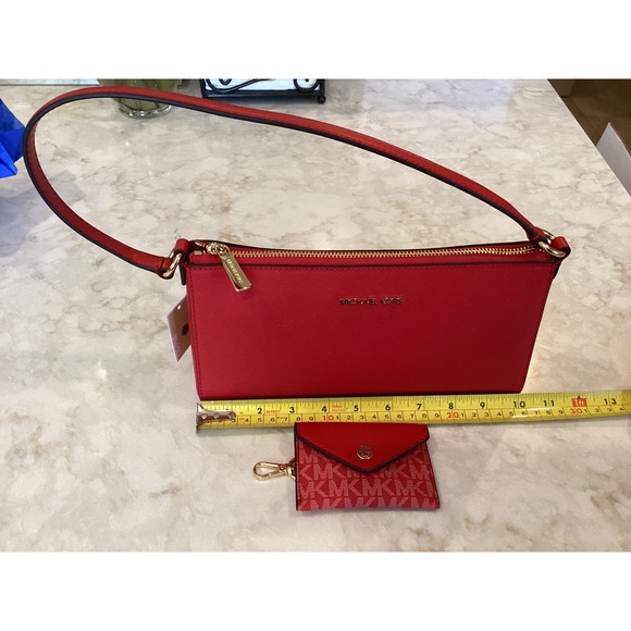 Michael Kors Shoulder Bag Red‎ Saffiano Leather Zip Top Purse Card Case